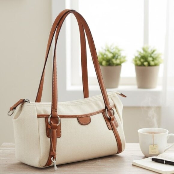 Fossil Key Shoulder Bag Tan Canvas Purse Brown Leather Trim Key Charm - Picture 1 of 7